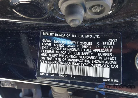 2021 Honda Civic Sport from USA, damaged, VIN SHHFK7H49MU415442